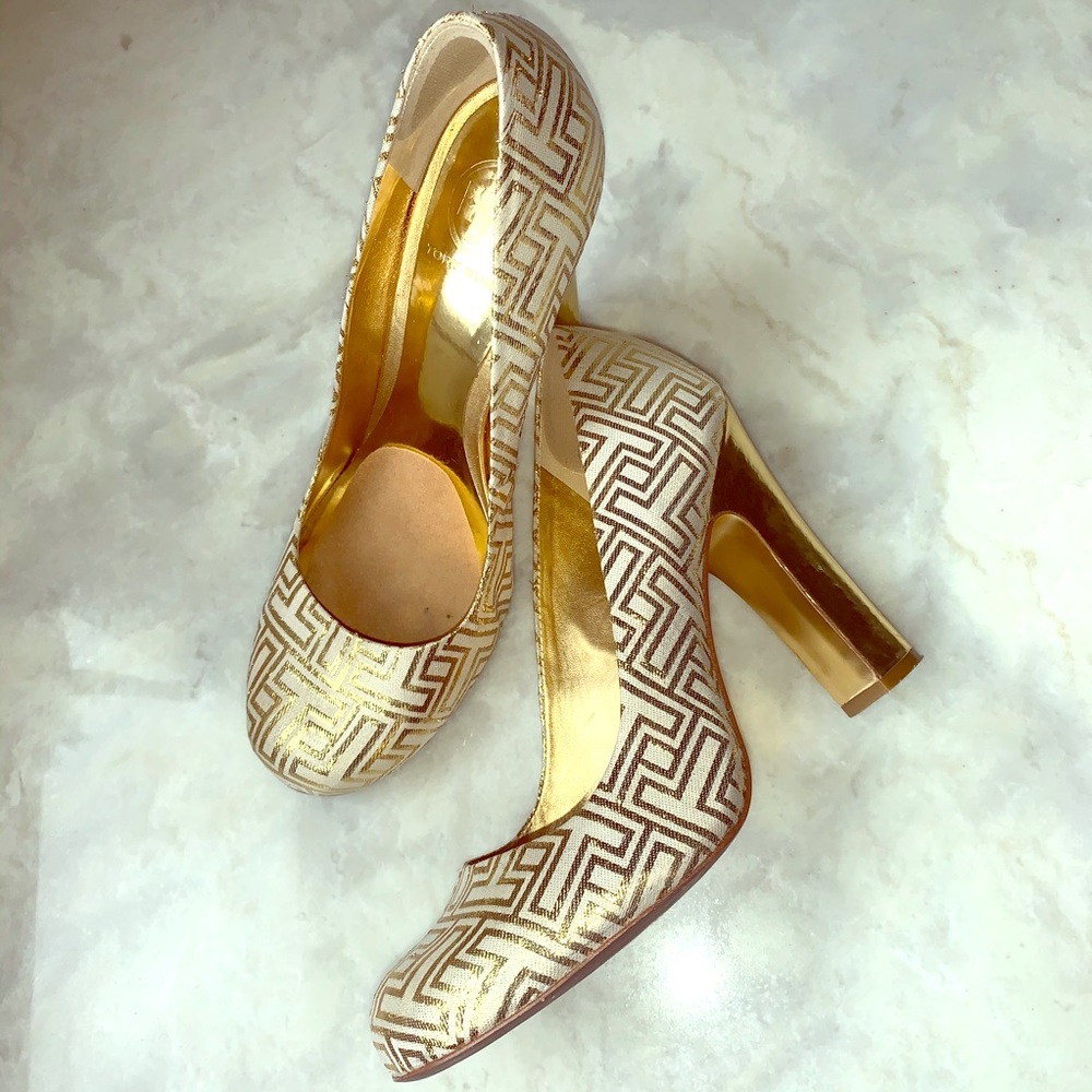 Tory Burch Gold/Cream T Pattern Heels
